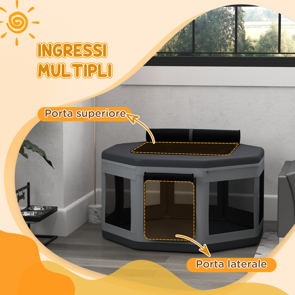 easycomfort easycomfort box per cani e gatti con 7 finestre e 2 ingressi in tessuto oxford nylon e pp 124x62 cm grigio e nero