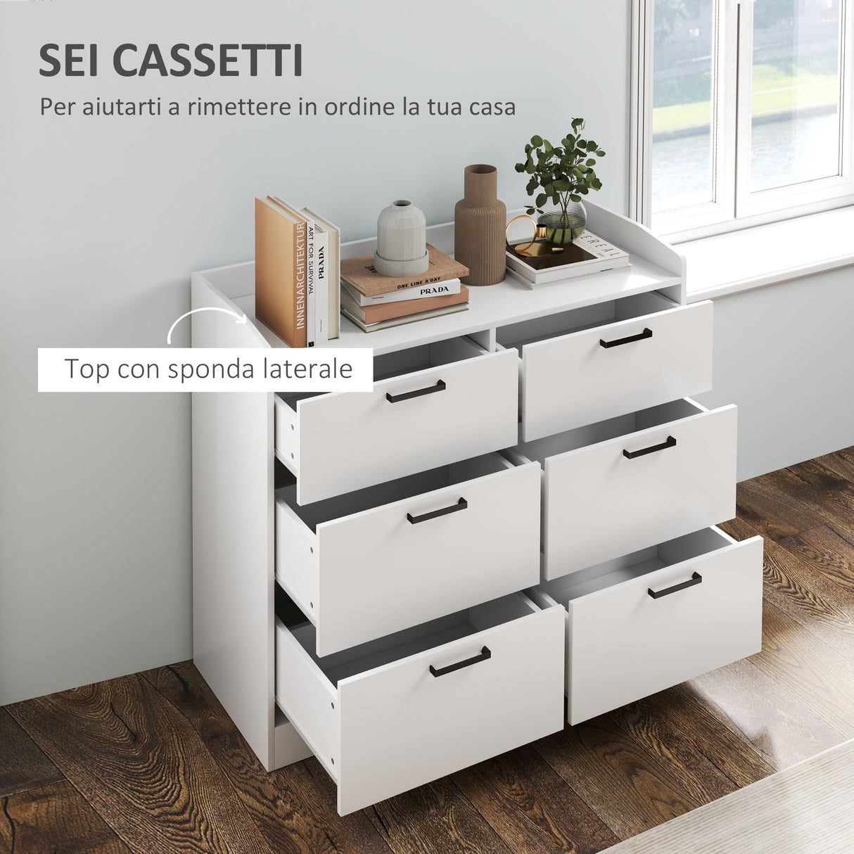 easycomfort easycomfort cassettiera 6 cassetti in legno con bordi rialzati e maniglie a u 110x40x88 cm bianco