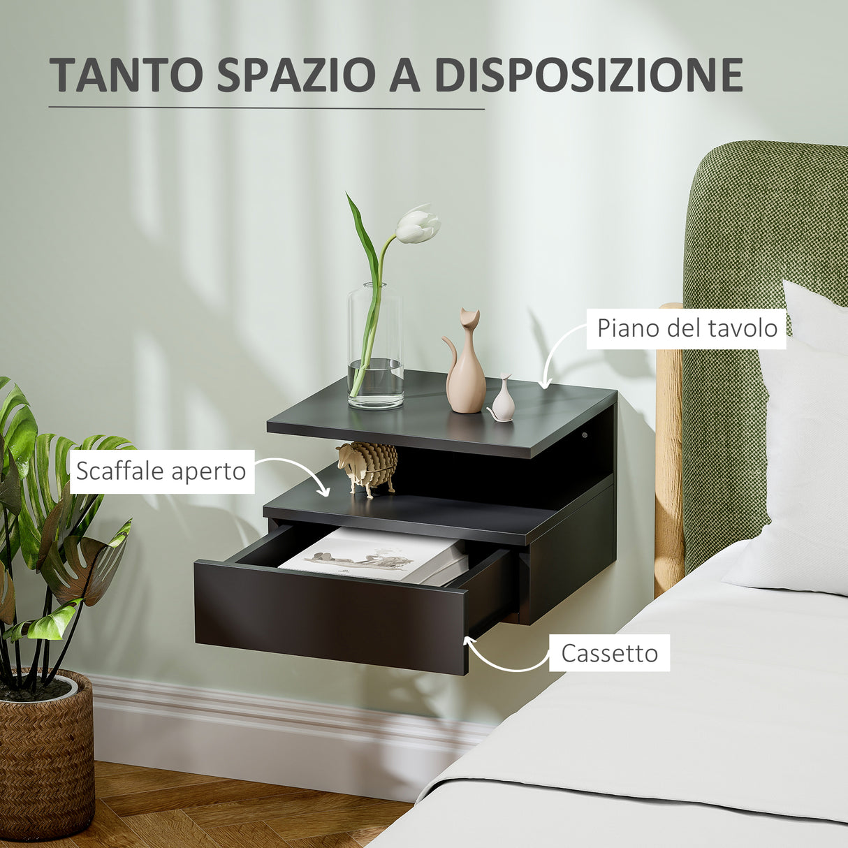 easycomfort easycomfort comodino sospeso per camera da letto con cassetto e mensola in legno 35x32x22 5cm nero