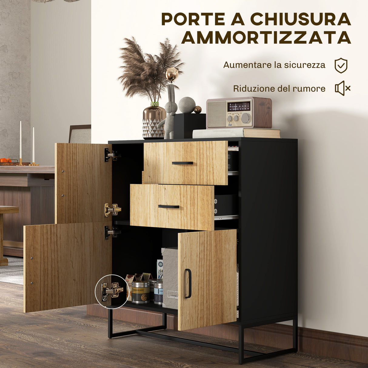 easycomfort easycomfort credenza moderna con 3 armadietti e 2 cassetti in truciolato e acciaio 80x35x88 cm nero e color legno