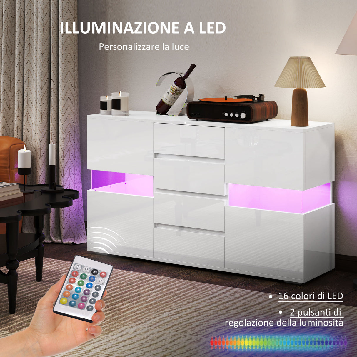 easycomfort easycomfort credenza moderna con led regolabile con telecomando 4 cassetti e 2 armadietti 120x34x70 cm bianco