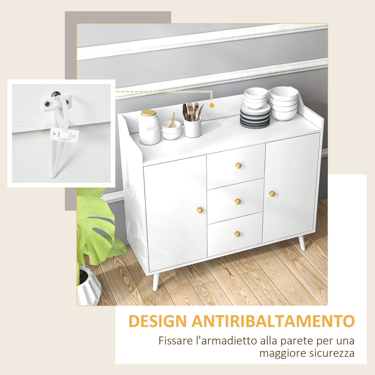 easycomfort easycomfort credenza moderna in legno con 3 cassetti e 2 armadietti a 2 livelli 90x32x80 cm bianco
