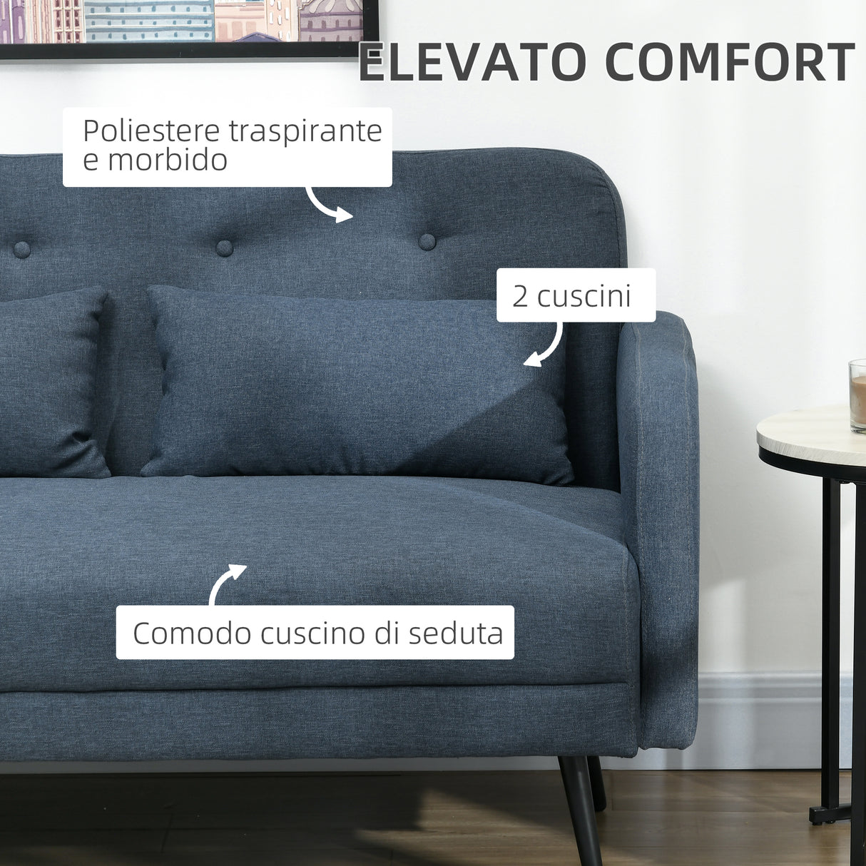 easycomfort easycomfort divano 2 posti con rivestimento in tessuto e 2 cuscini 135x74x82cm blu scuro