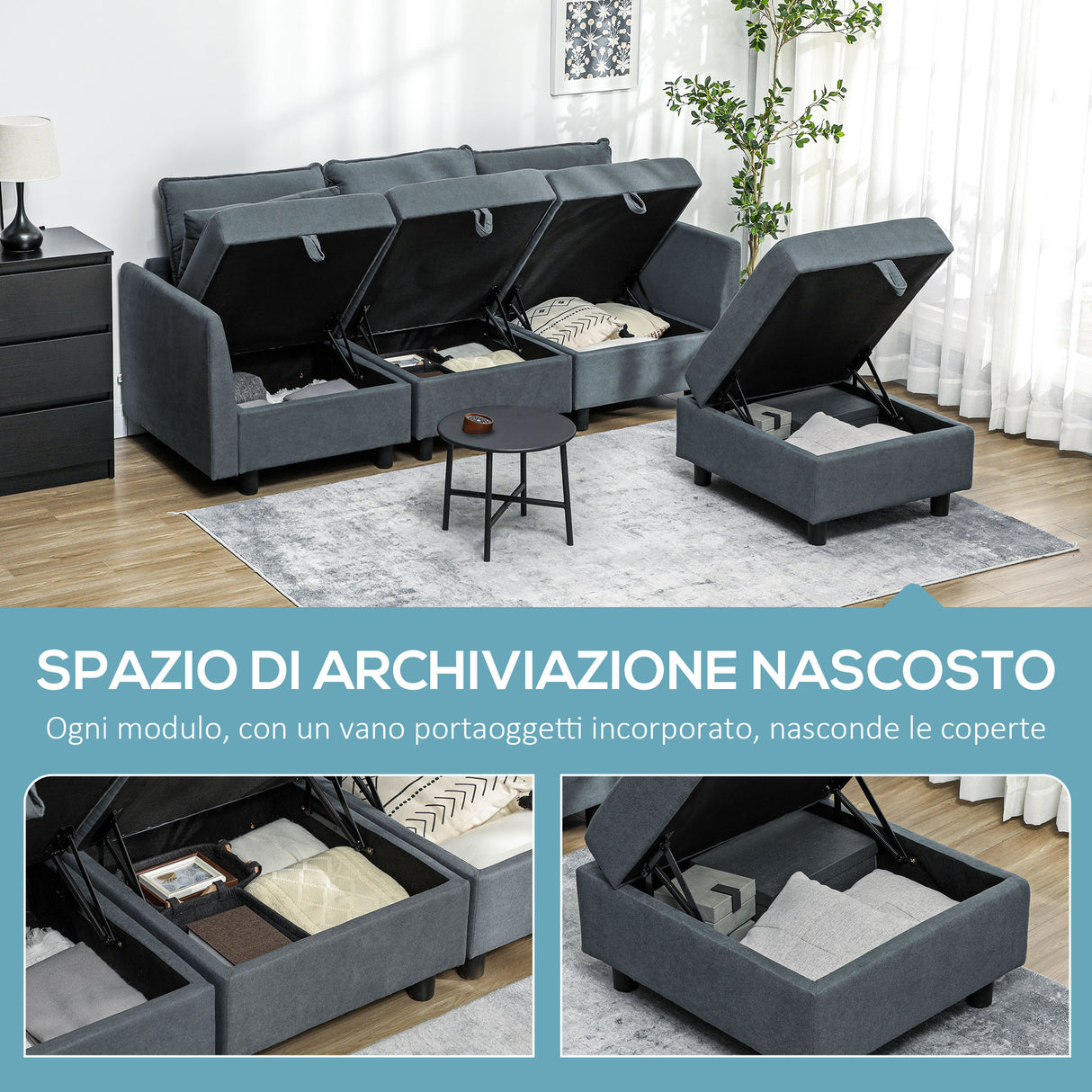 easycomfort easycomfort divano componibile modulare 3 posti con pouf poggiapiedi e cuscini rivestimento in flanella grigio scuro