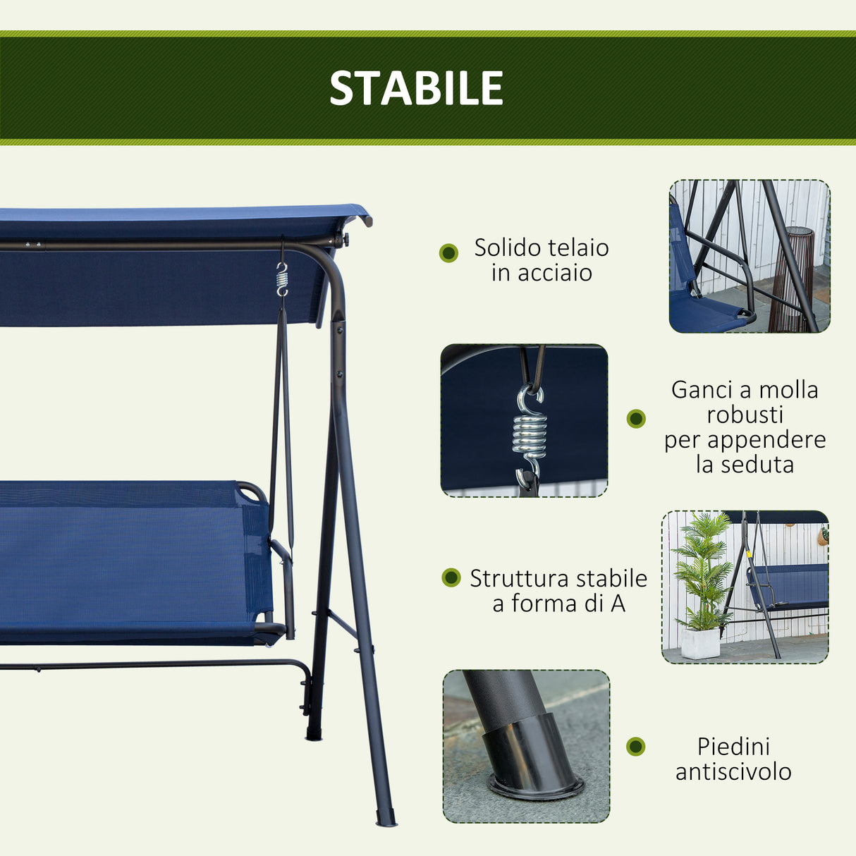 easycomfort easycomfort dondolo da giardino 3 posti con tettuccio regolabile tessuto oxford e acciaio blu scuro