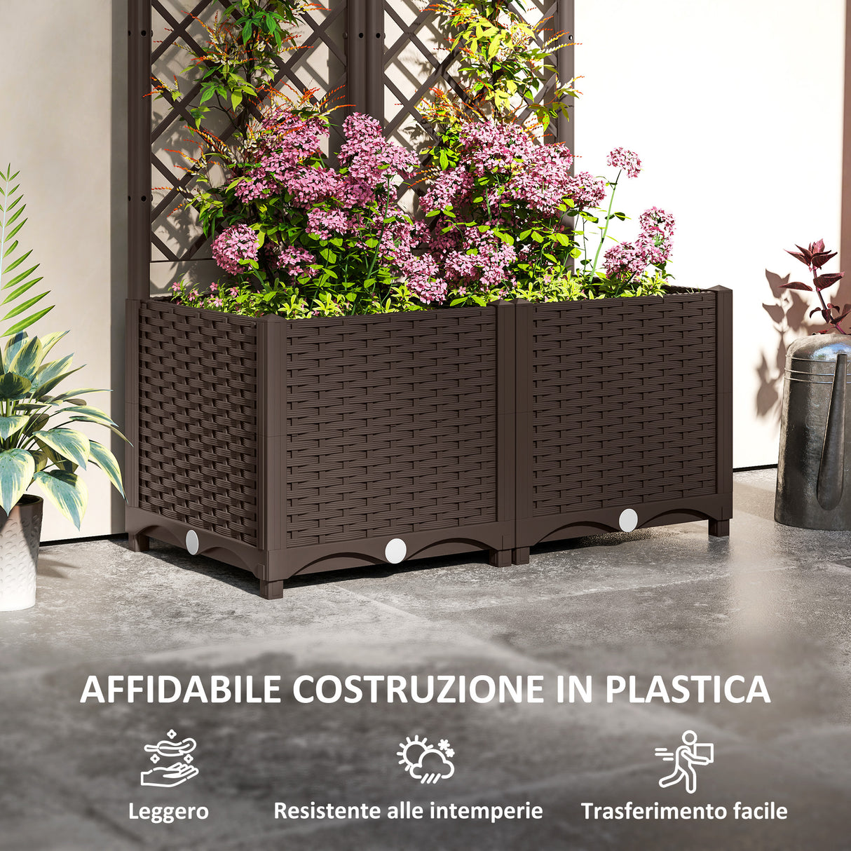 easycomfort easycomfort fioriera rialzata con traliccio per rampicanti e 8 fori di drenaggio in pp 80x40x135 cm marrone