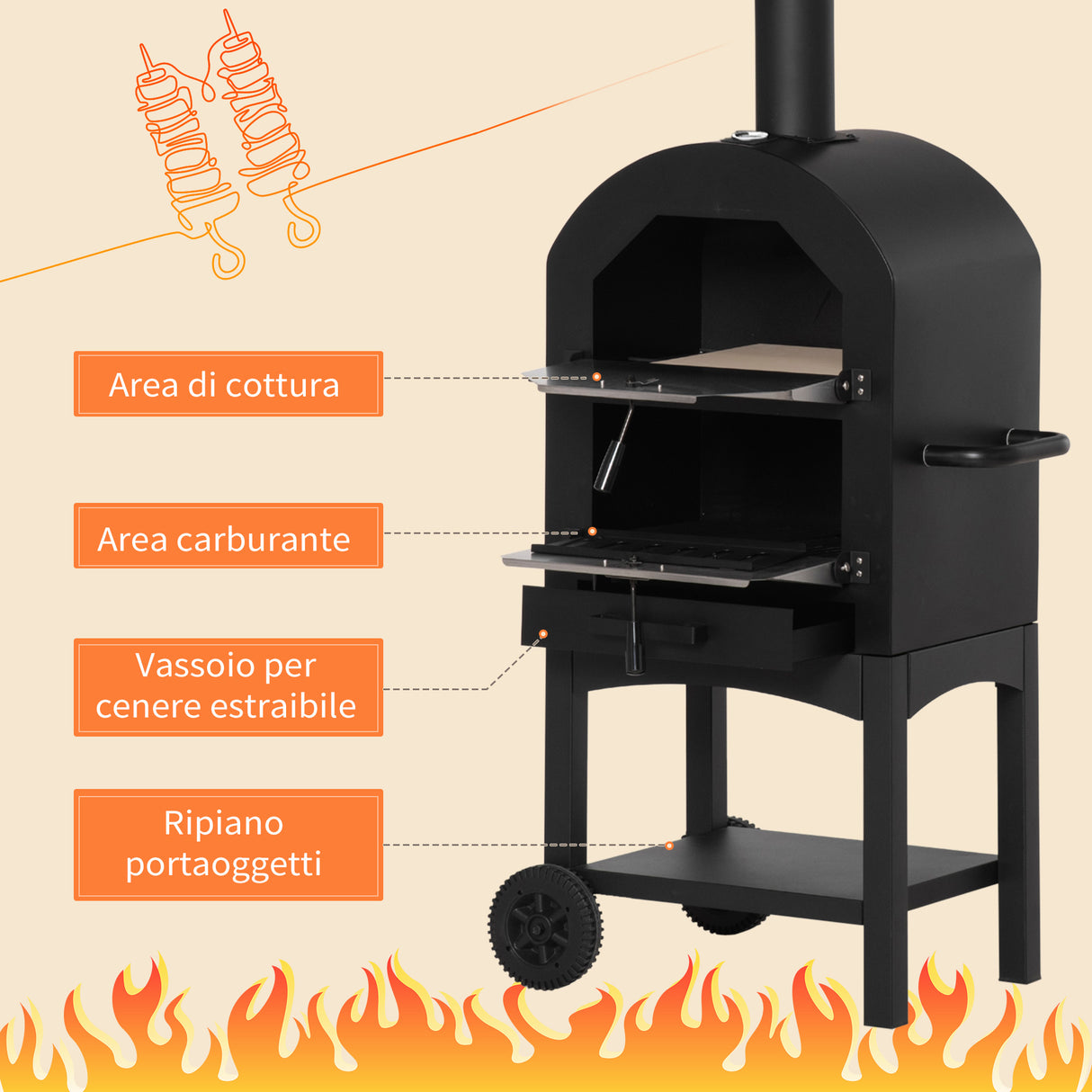 easycomfort easycomfort forno per pizza e barbecue a carbone portatile in acciaio con camino e ruote 63x54x161 cm nero