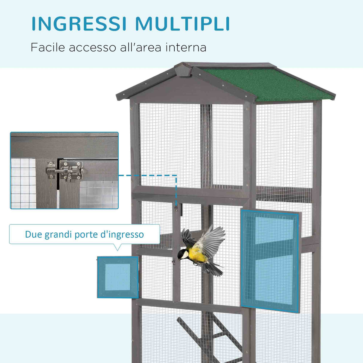 easycomfort easycomfort gabbia per uccelli alta 165cm in legno da esterno con 2 porte e vassoio estraibile grigio chiaro