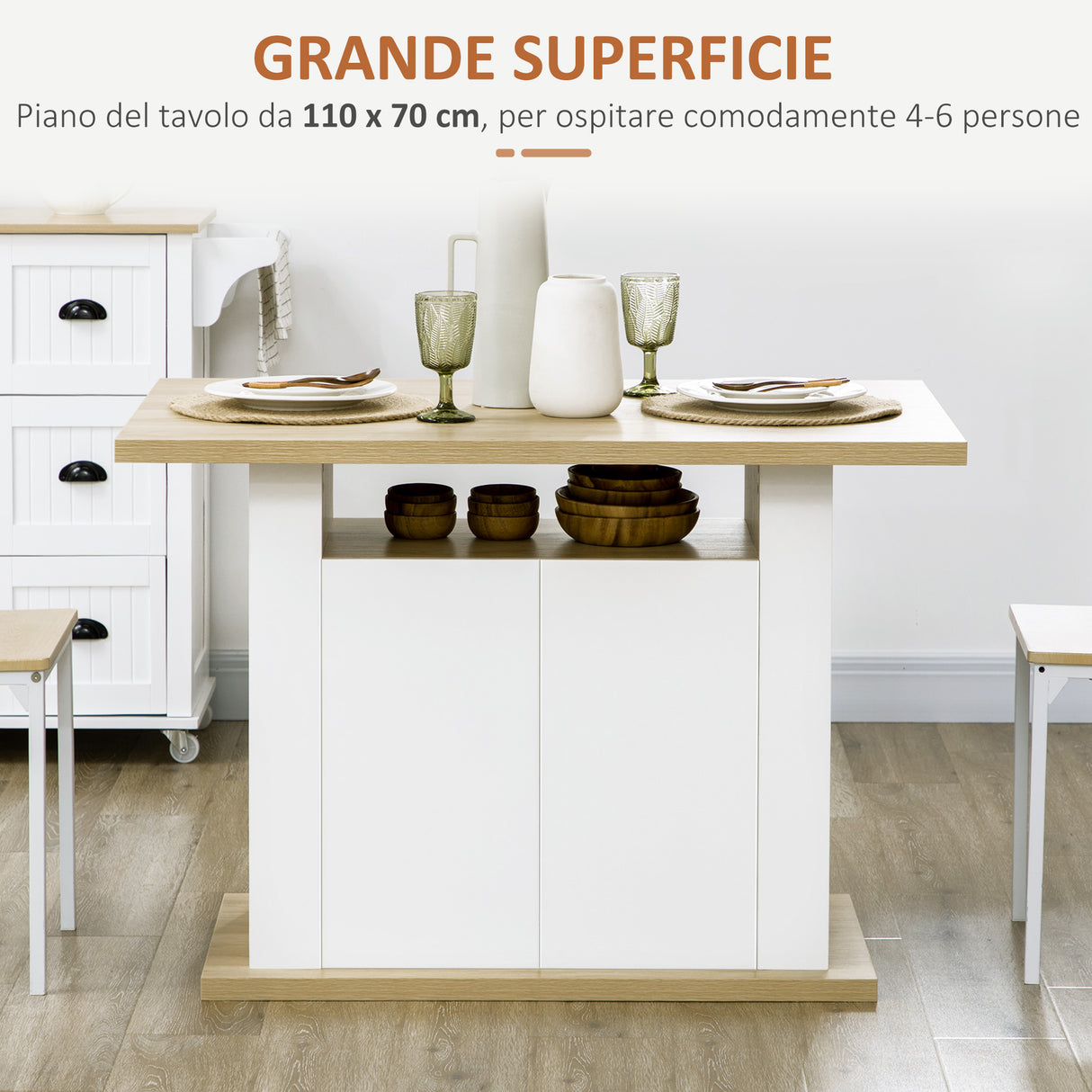 easycomfort easycomfort isola per cucina 4 6 persone con armadietti e ripiani aperti in truciolato 110x70x75 5 cm bianco e color legno