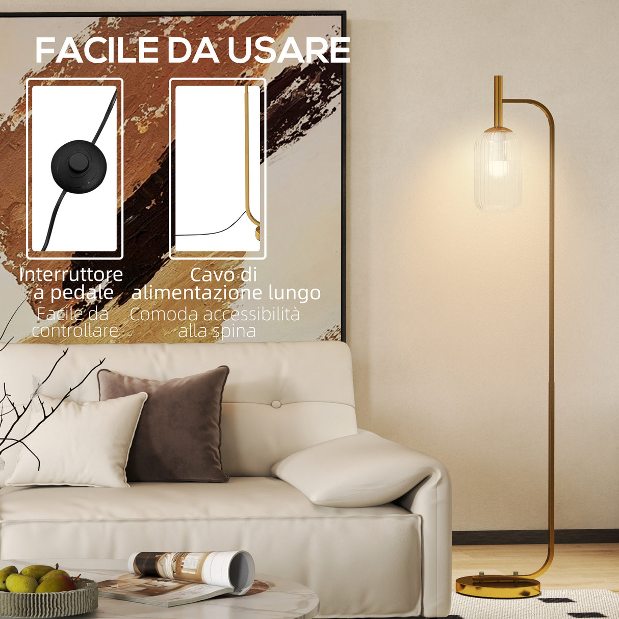 easycomfort easycomfort lampada da terra moderna con paralume in vetro e interruttore a pedale per lampadine e27 oro