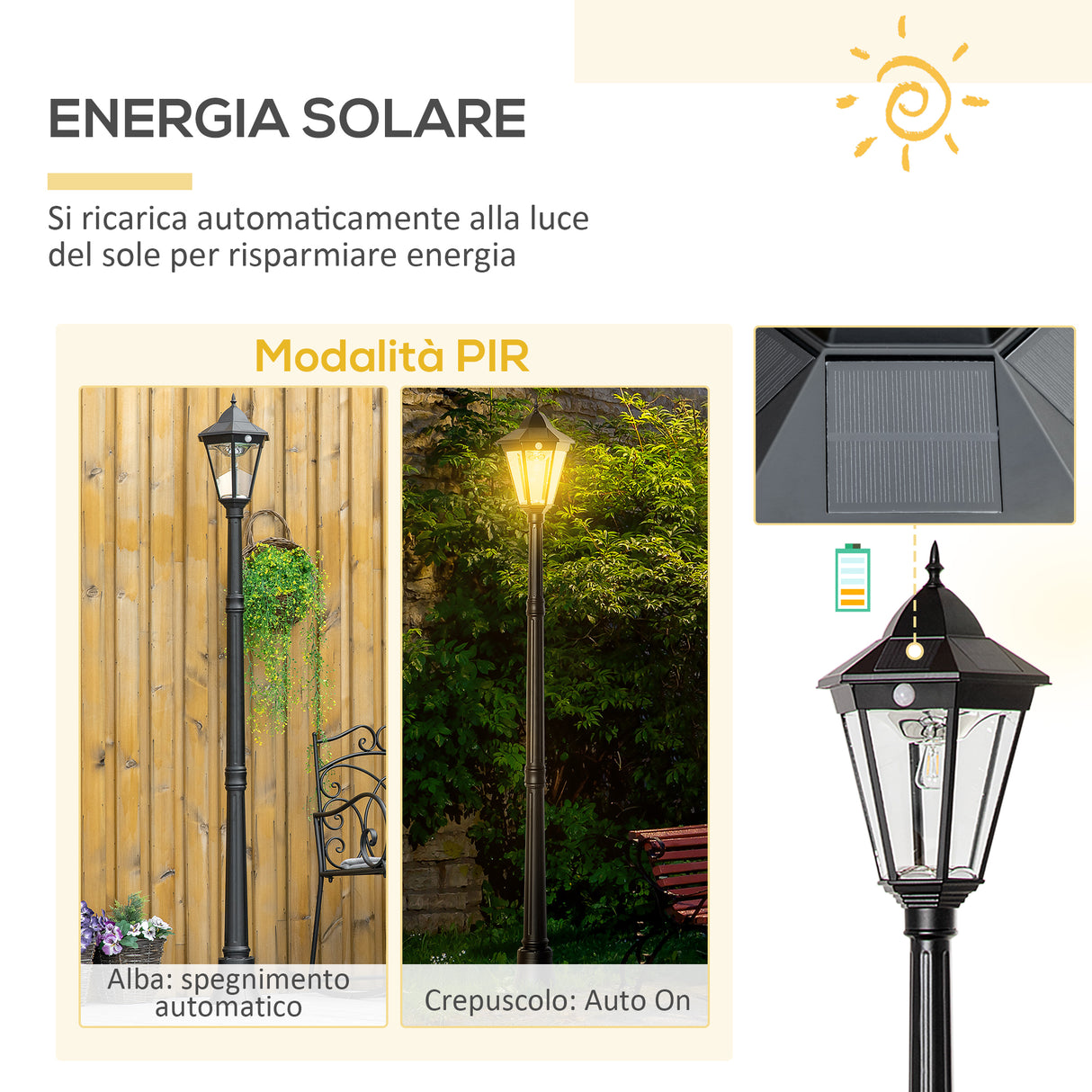 easycomfort easycomfort lampione solare da giardino con luce led e sensore di movimento alluminio e vetro 22x22x196 cm nero