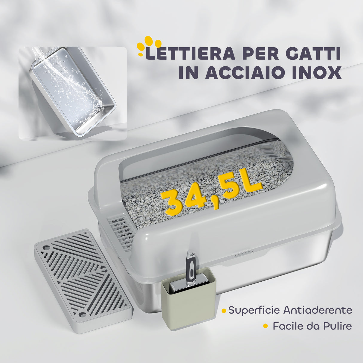 easycomfort easycomfort lettiera per gatti con gradino paletta e box portaoggetti in acciaio inox e abs 60 2x40 6x29 cm grigio chiaro