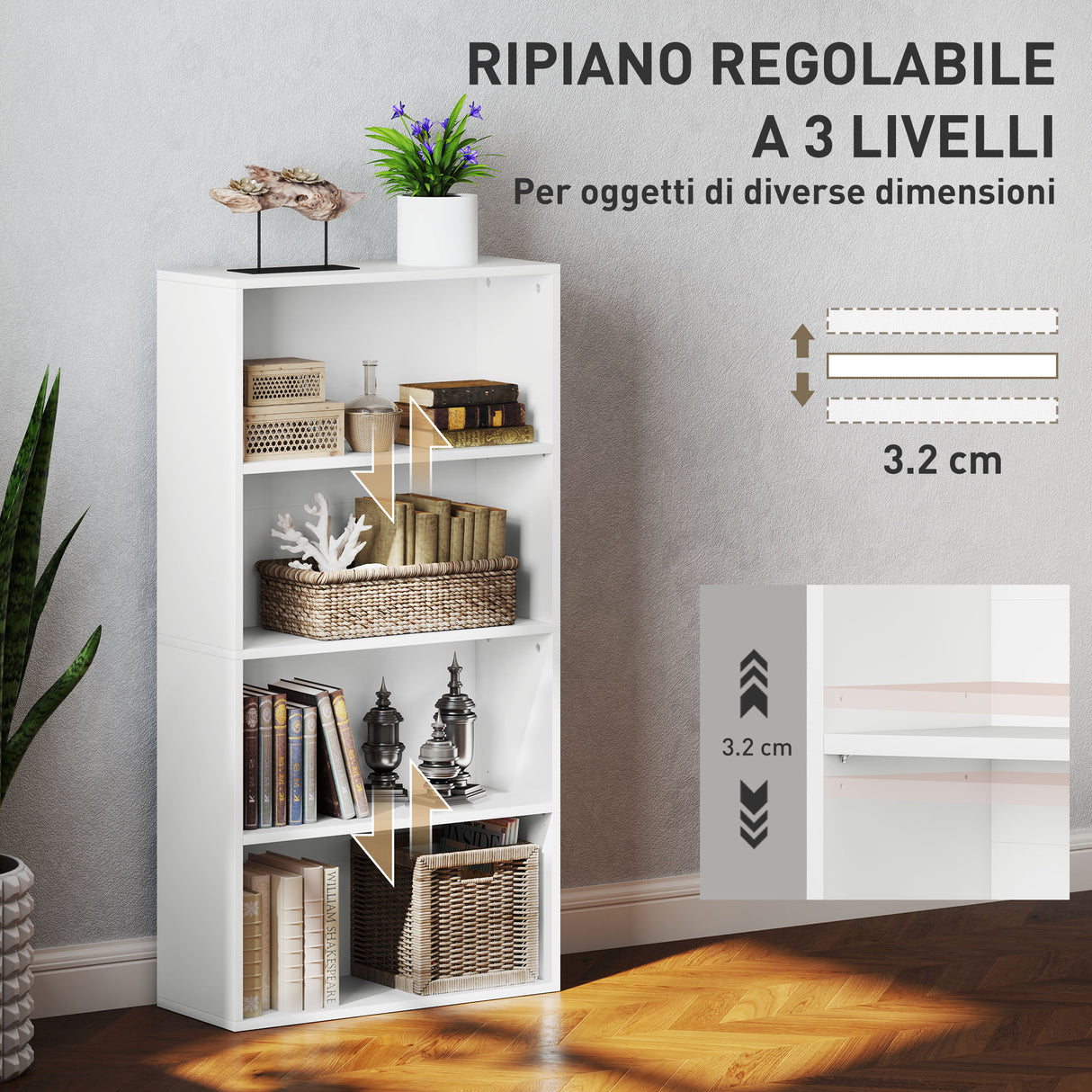 easycomfort easycomfort mobile libreria a 4 ripiani con 2 scaffali flessibili in legno 60x24x115 5 cm bianco