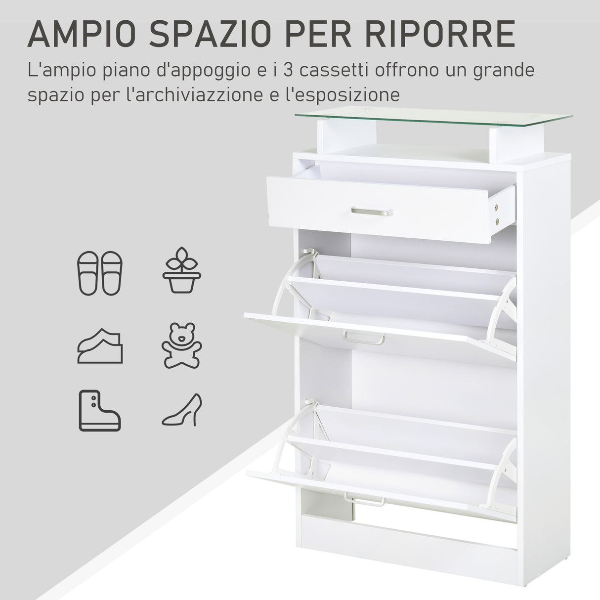 easycomfort easycomfort mobile scarpiera in legno con 2 ante a 2 livelli cassetto e ripiano in vetro 60x24x105 5 cm bianco