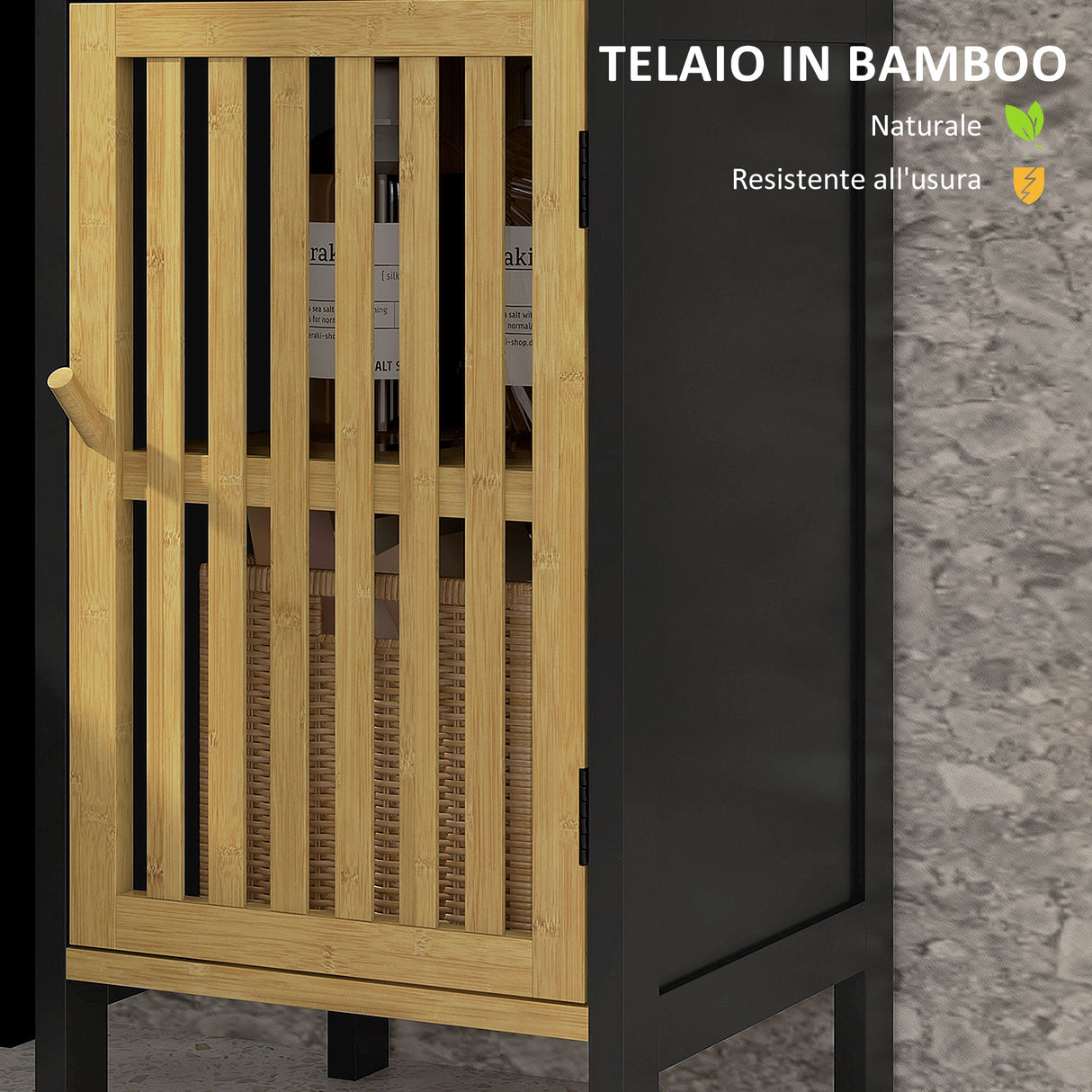 easycomfort easycomfort mobiletto bagno con ripiano aperto e armadietto in mdf e bambu 32x30x90 5 cm nero e color legno