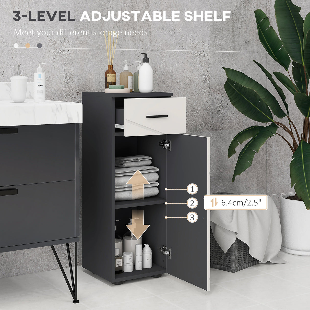 easycomfort easycomfort mobiletto bagno in truciolato con cassetto e armadietto a 2 livelli regolabili 30x30x82 cm grigio