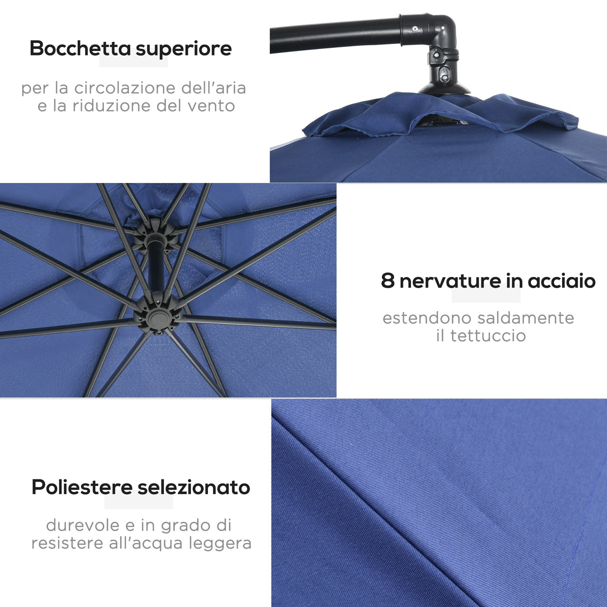 easycomfort easycomfort ombrellone decentrato a 8 stecche con base a croce in acciaio e poliestere 295x260 cm blu scuro