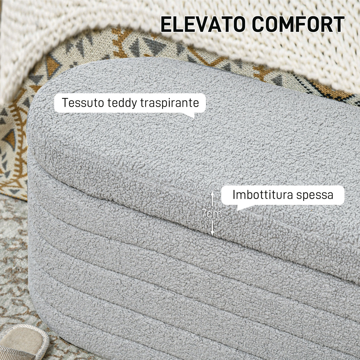 easycomfort easycomfort panca fondo letto in tessuto teddy con vano contenitore 116x41x40 5cm grigio chiaro
