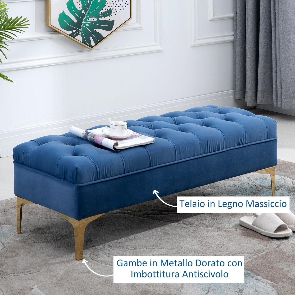 easycomfort easycomfort panca imbottita fondoletto in tessuto vellutato e base in metallo dorato 118x45x42 cm blu