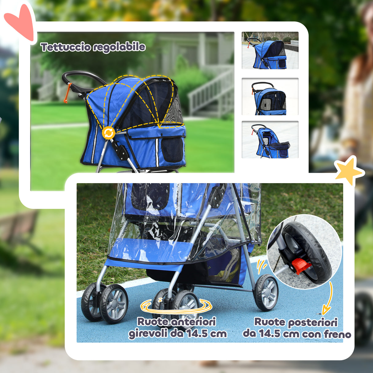 easycomfort easycomfort passeggino per cani piccoli pieghevole con copertura antipioggia ruote girevoli e con freni blu