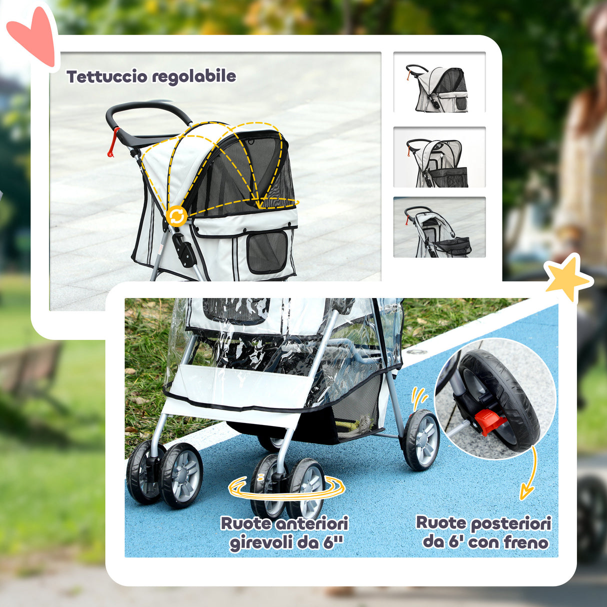 easycomfort easycomfort passeggino per cani piccoli pieghevole con copertura antipioggia ruote girevoli e con freni grigio