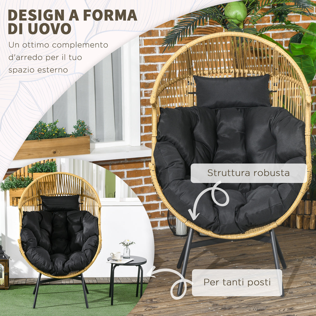 easycomfort easycomfort poltrona da giardino a uovo con poggiatesta e cuscini per seduta in rattan e acciaio 89x75x143 cm