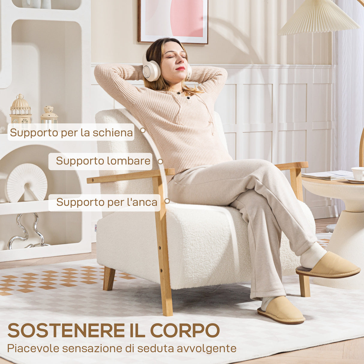 easycomfort easycomfort poltrona da salotto in tessuto sherpa con braccioli e gambe in legno stile nordico crema