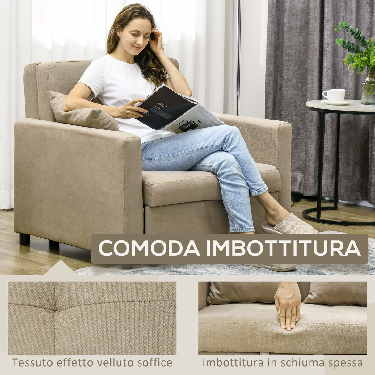 easycomfort easycomfort poltrona letto in tessuto effetto velluto marrone chiaro con 2 cuscini e spazio portaoggetti 100x98x88 cm