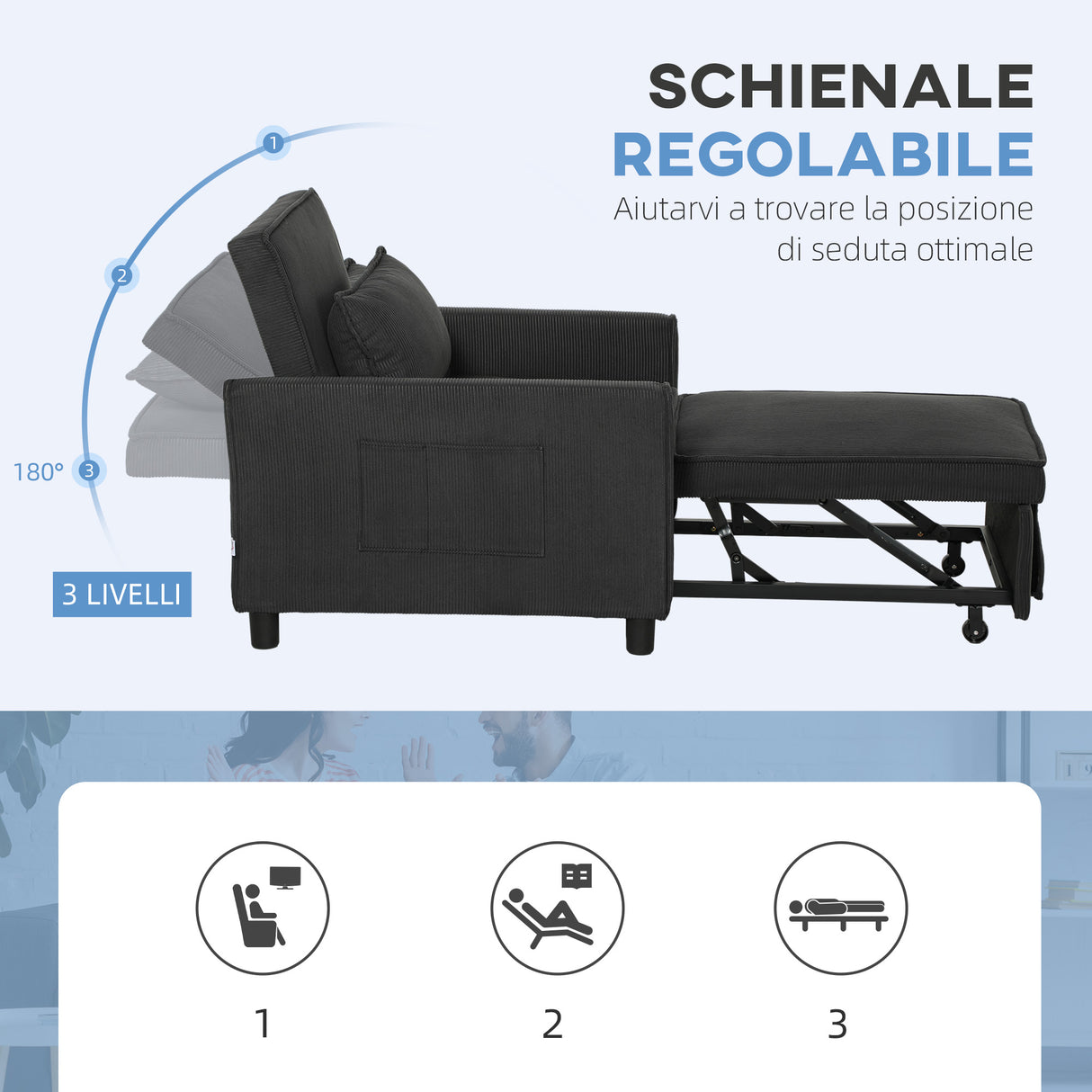 easycomfort easycomfort poltrona letto reclinabile con tasche laterali in tessuto effetto velluto 74x84x81 cm grigio scuro