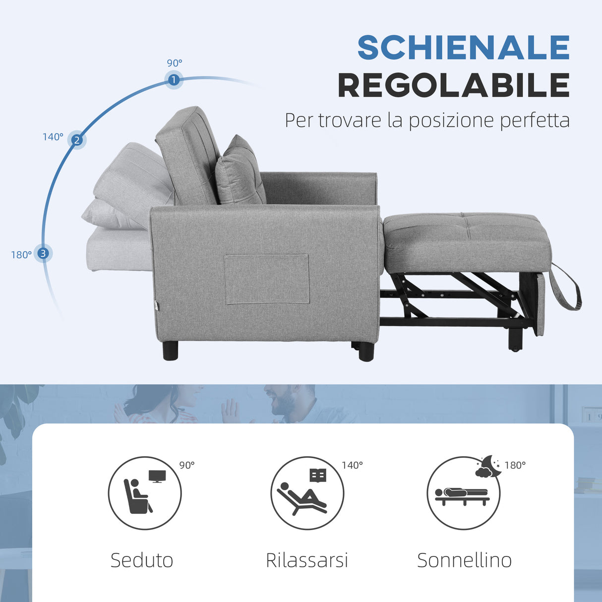 easycomfort easycomfort poltrona letto singolo reclinabile su 3 livelli con cuscino extra 69x82x85cm grigio chiaro