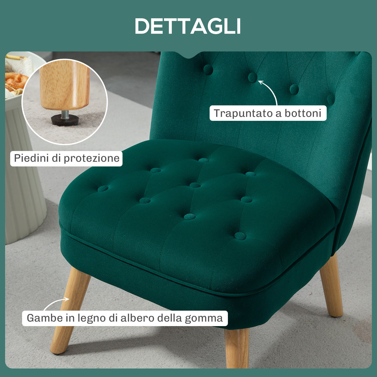 easycomfort easycomfort poltrona per salotto in velluto con seduta imbottita e trapuntata a bottoni 60x66x79 cm verde