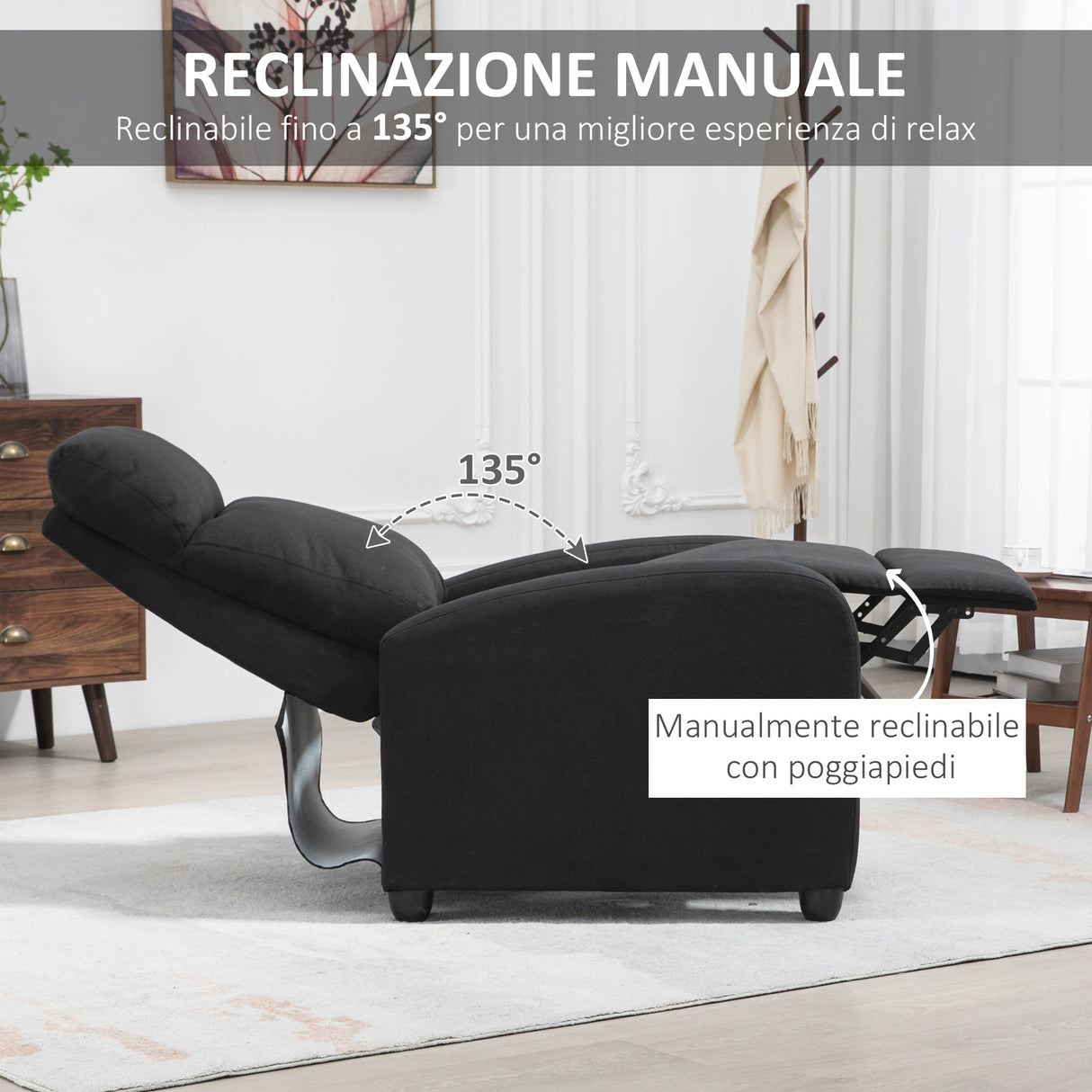 easycomfort easycomfort poltrona reclinabile con poggiapiedi e braccioli in tessuto effetto lino e metallo 69 2x88 3x101 cm nero