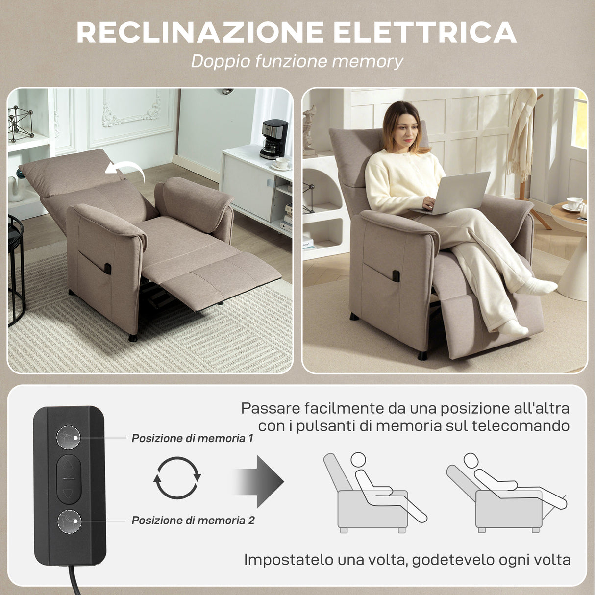 easycomfort easycomfort poltrona reclinabile elettrica con telecomando e poggiapiedi in tessuto effetto velluto 80x83x104 cm marrone