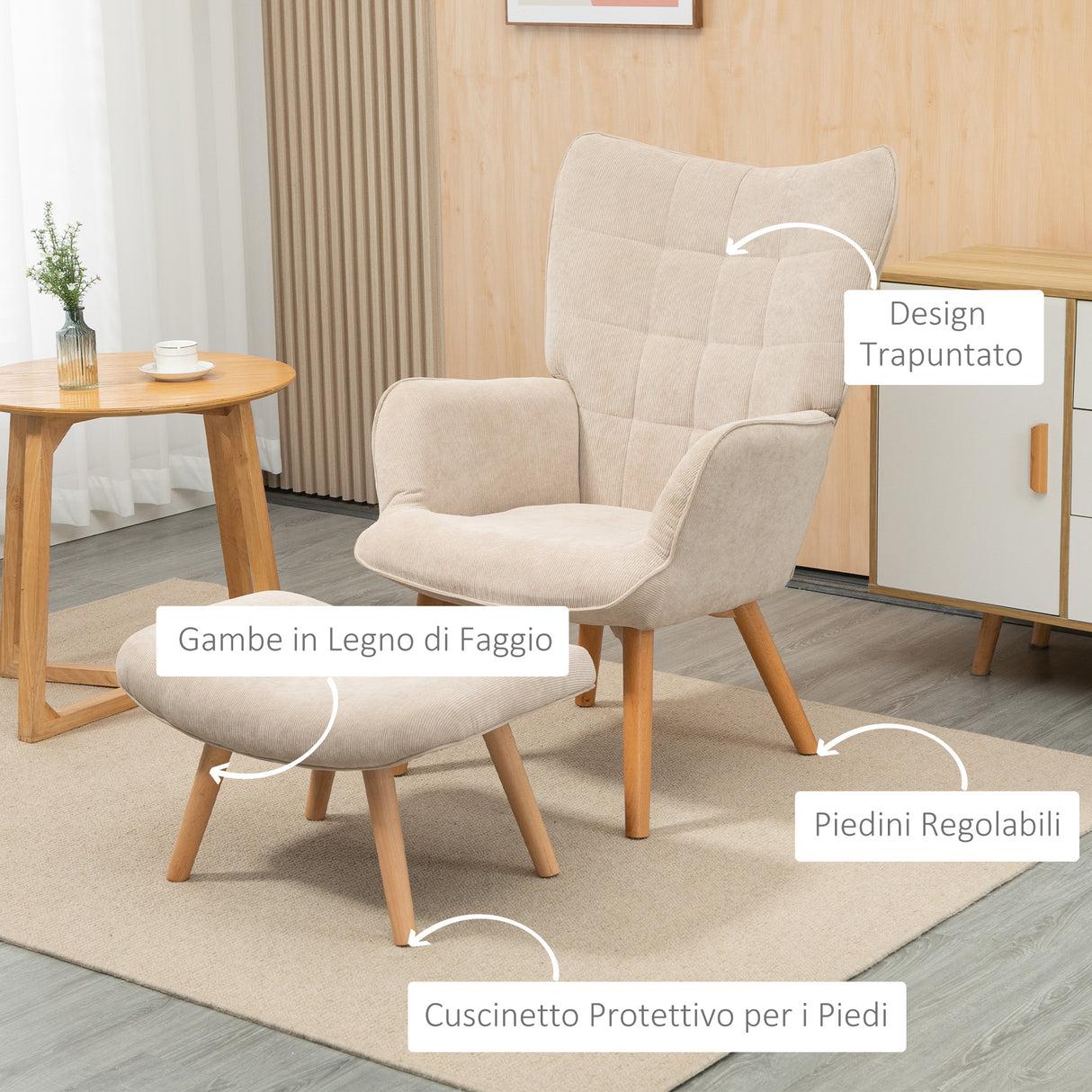 easycomfort easycomfort poltrona relax con pouf poggiapiedi in velluto a costine con schienale alto e braccioli beige