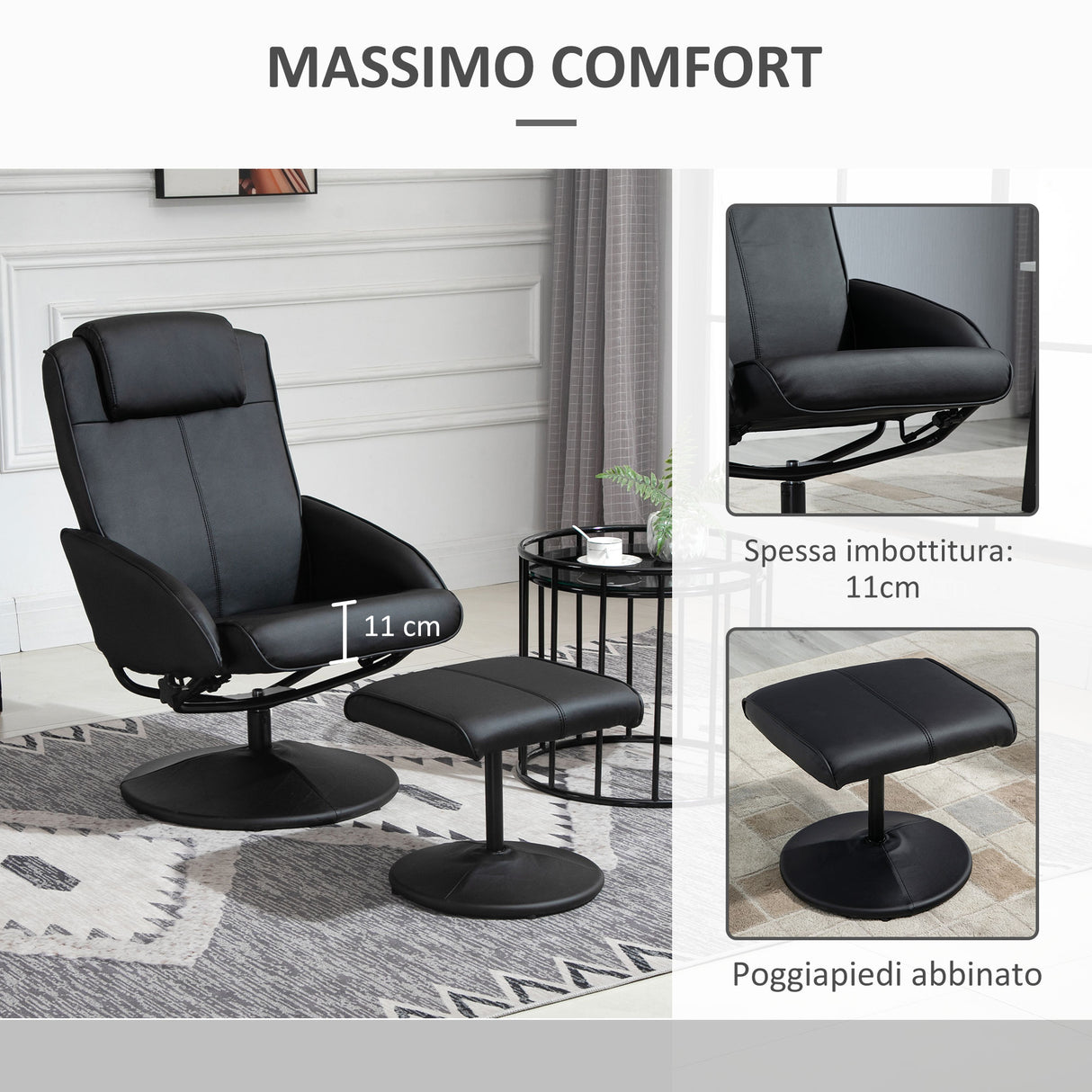 easycomfort easycomfort poltrona relax reclinabile con pouf poggiapiedi abbinato e rivestimento in finta pelle nero