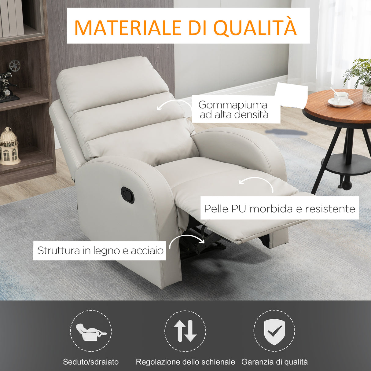 easycomfort easycomfort poltrona relax reclinabile con seduta imbottita e poggiapiedi per casa e ufficio 80x91x102 cm grigio