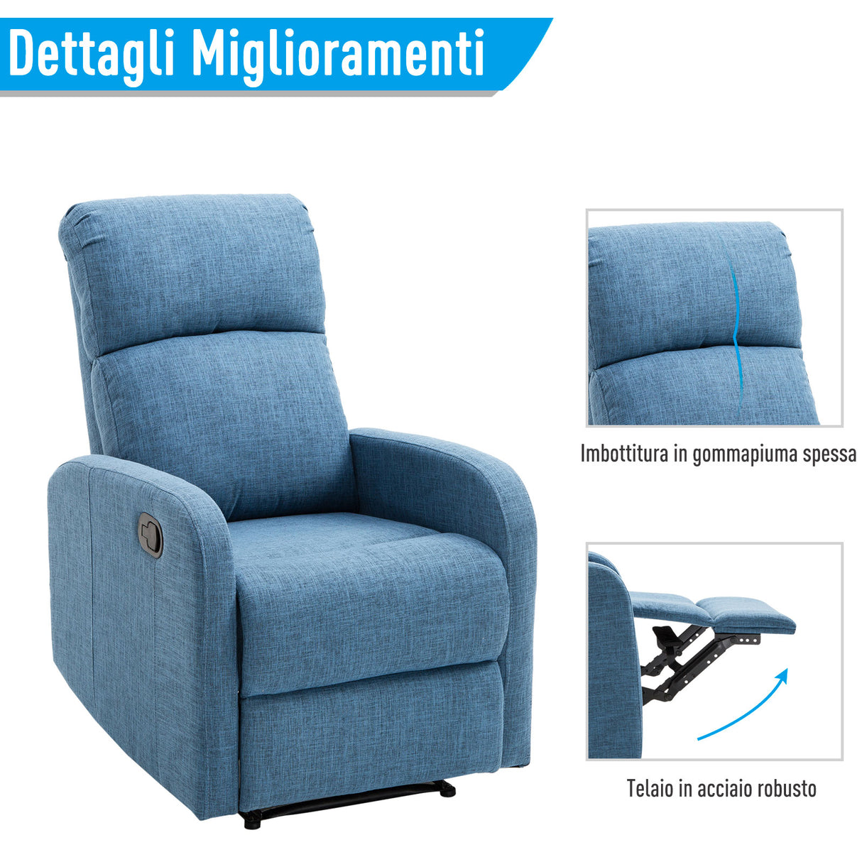 easycomfort easycomfort poltrona relax reclinabile manuale con poggiapiedi portata 125kg tessuto di lino 67 83 107cm blu ean 8055776912165