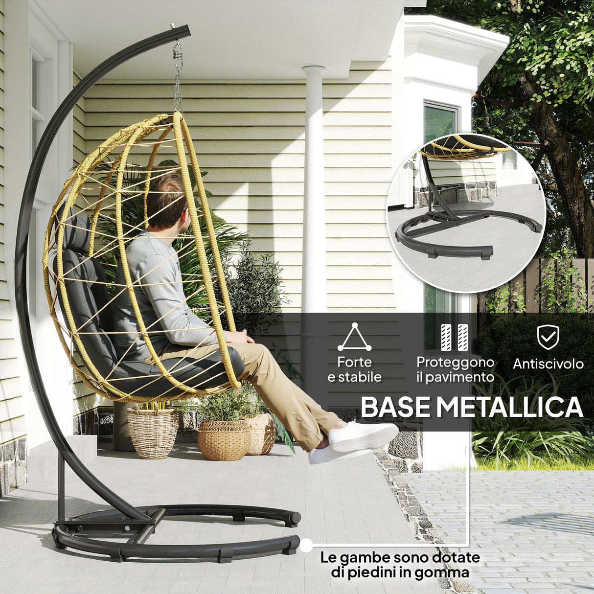 easycomfort easycomfort poltrona sospesa e pieghevole con cuscini in acciaio e rattan pe 102x102x195 cm nera grigia e beige