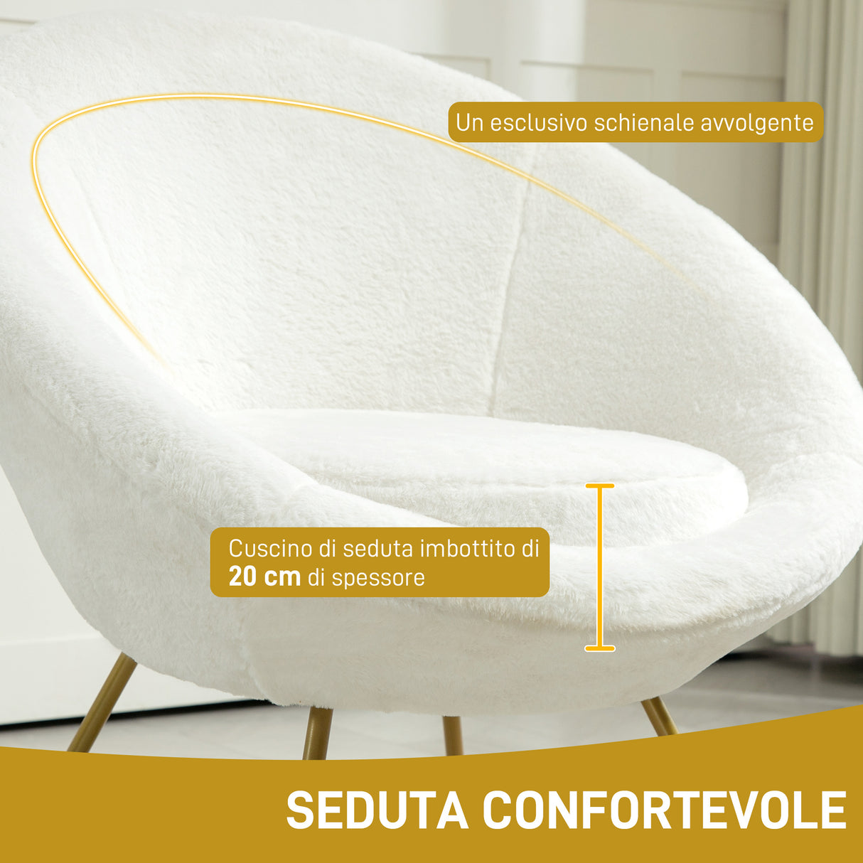 easycomfort easycomfort poltroncina da camera in finta pelliccia con gambe in metallo 75x66x79 cm bianco