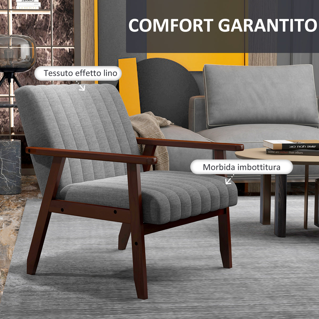 easycomfort easycomfort poltroncina da camera moderna imbottita in tessuto e legno con cuciture tubolari grigio
