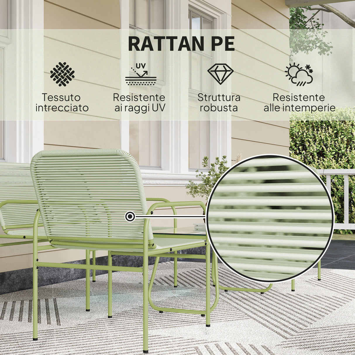 easycomfort easycomfort salotto da esterno in rattan pe con divanetto 2 poltroncine e tavolino con piano in vetro verde