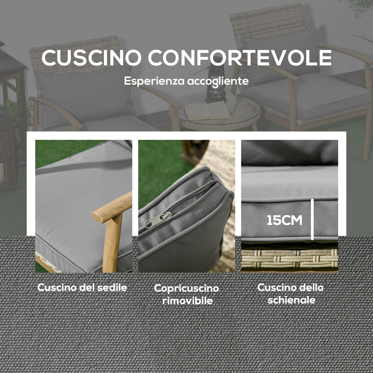 easycomfort easycomfort salotto da giardino in rattan con 2 poltroncine con cuscini e tavolino in vetro marrone e grigio