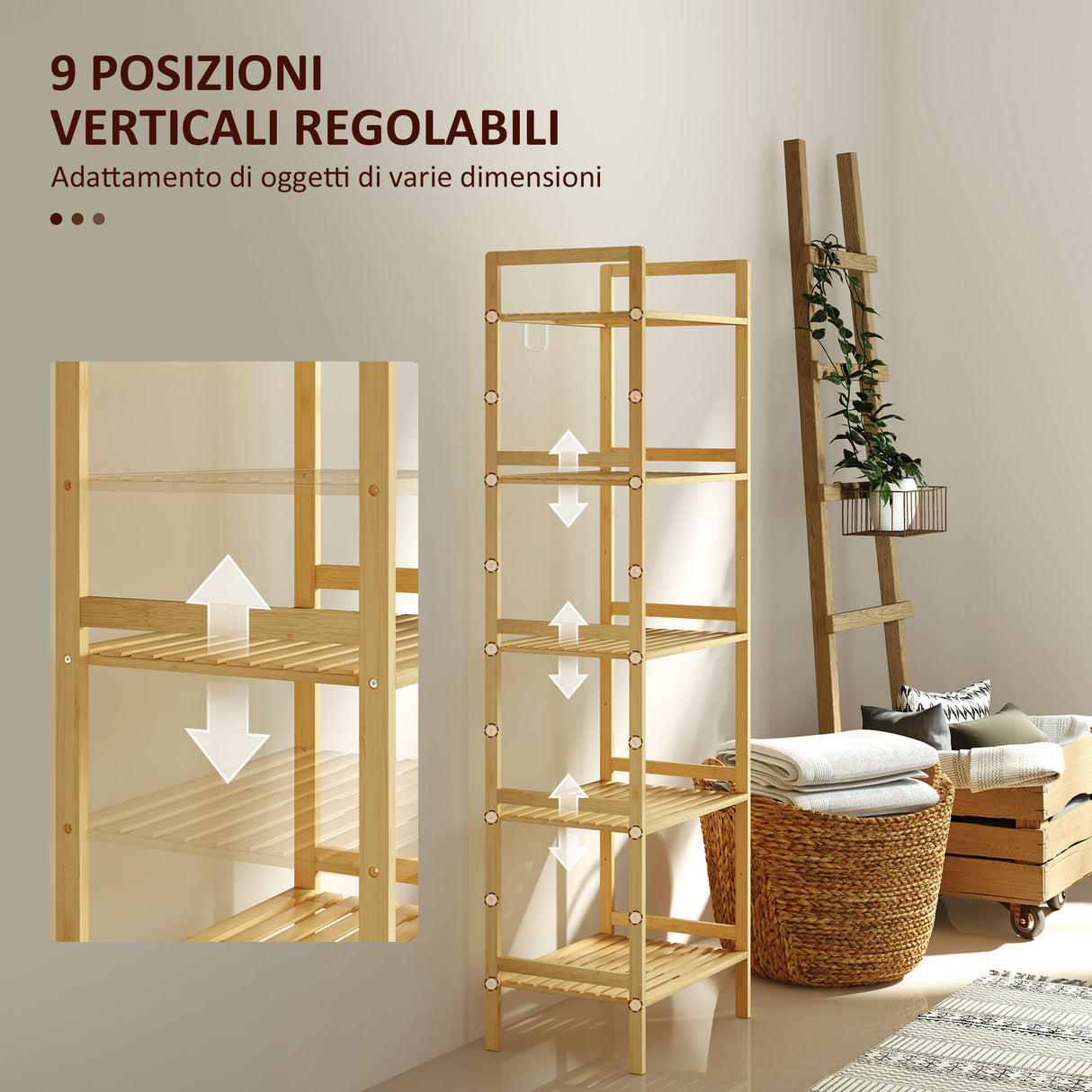 easycomfort easycomfort scaffale bagno a 5 ripiani regolabili in altezza in bambu 43 5x31 5x142 cm legno naturale