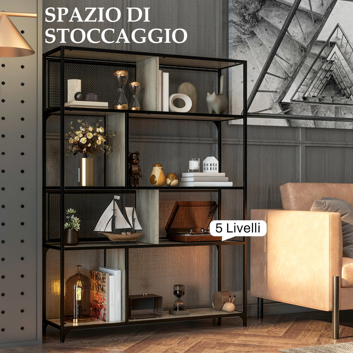 easycomfort easycomfort scaffale libreria industriale a 5 livelli con porta metallica in legno e acciaio 120x30x161 cm nero e grigio