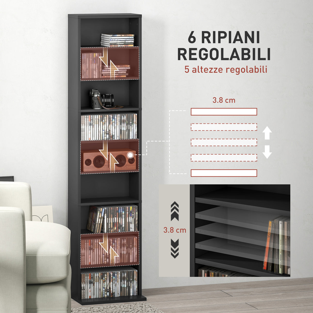 easycomfort easycomfort scaffale porta cd con 6 ripiani regolabili capacita di 260 cd120 dvd 33x24x140 cm nero