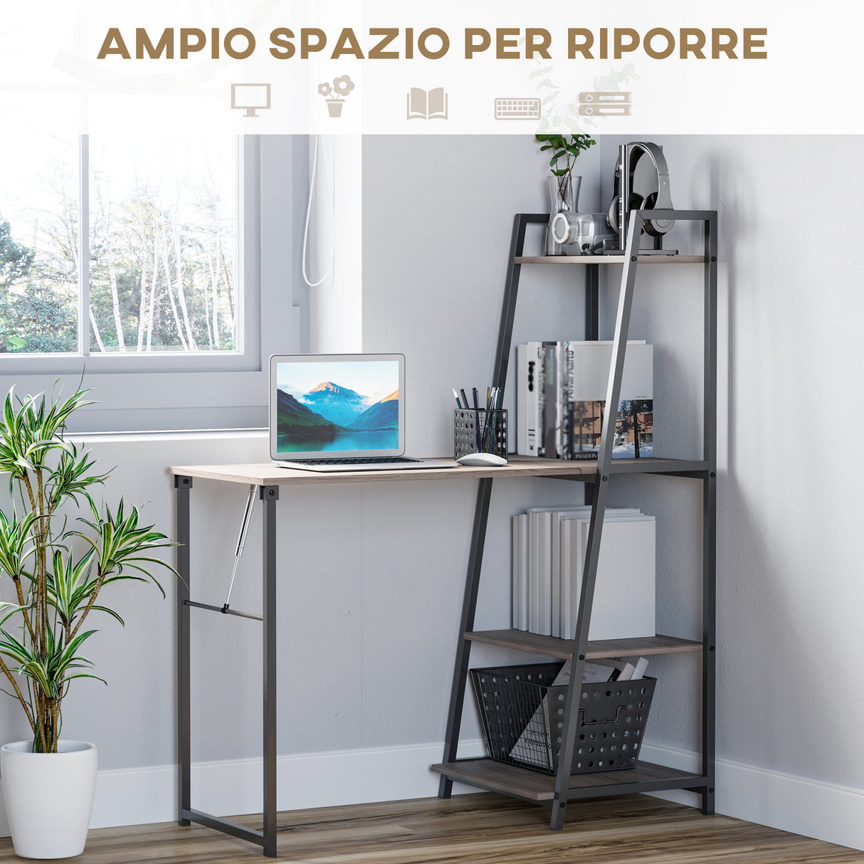easycomfort easycomfort scrivania pieghevole con libreria salvaspazio a 4 livelli in metallo nero e legno grigio 106x48x128cm