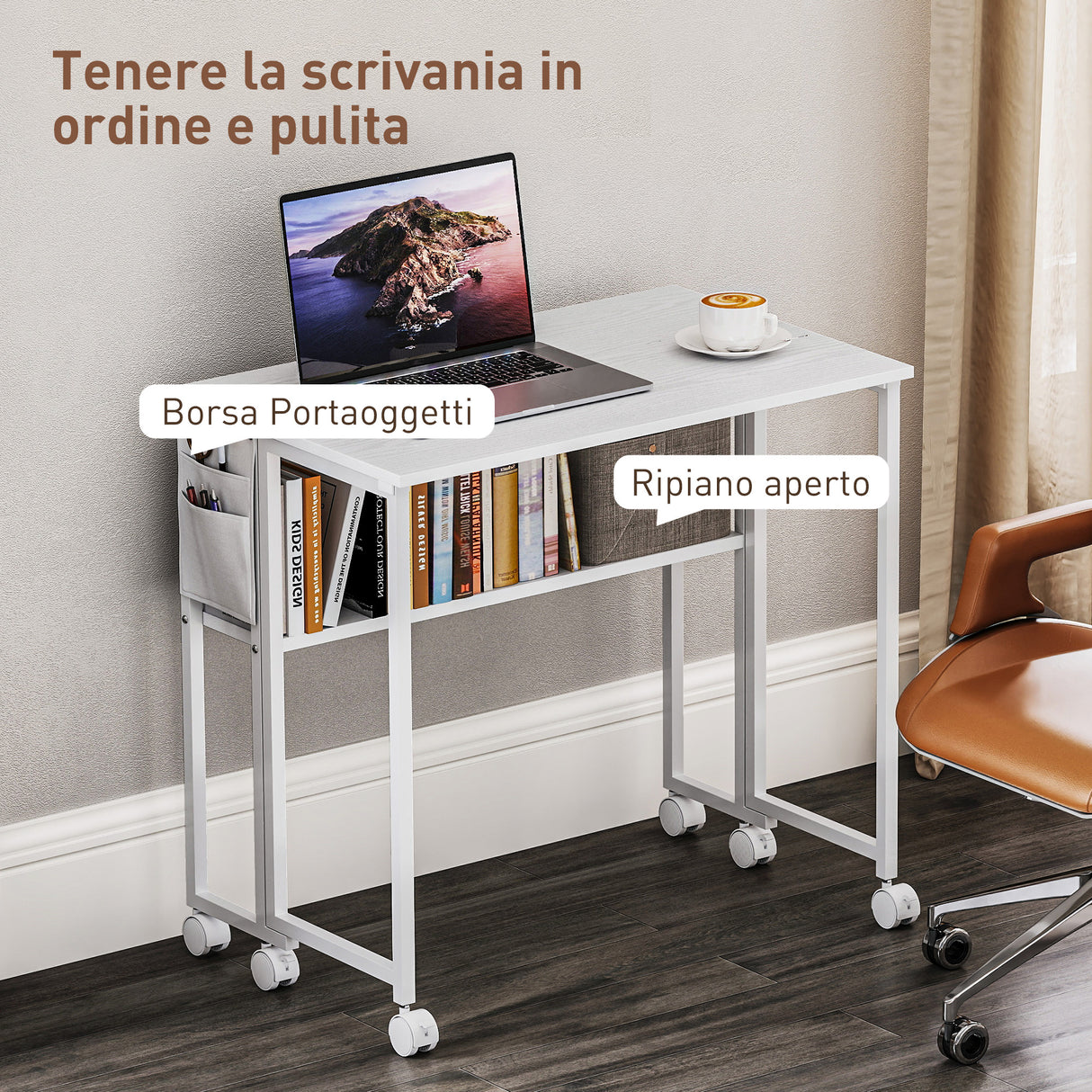 easycomfort easycomfort scrivania pieghevole salvaspazio a ribalta con scaffale tasca portaoggetti e ruote bianco