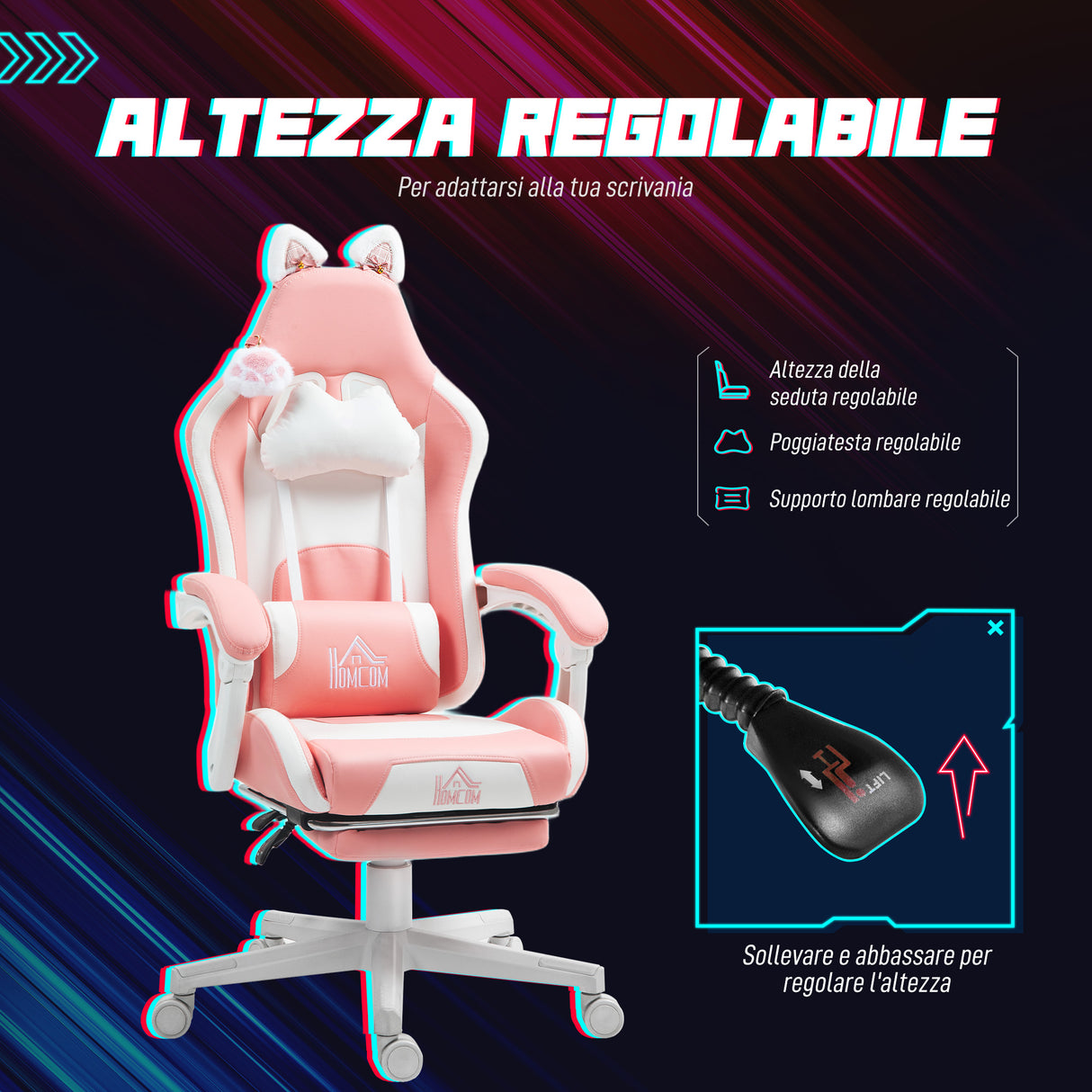 easycomfort easycomfort sedia da gaming ergonomica con orecchie da gatto poggiapiedi supporto lombare e cervicale rosa