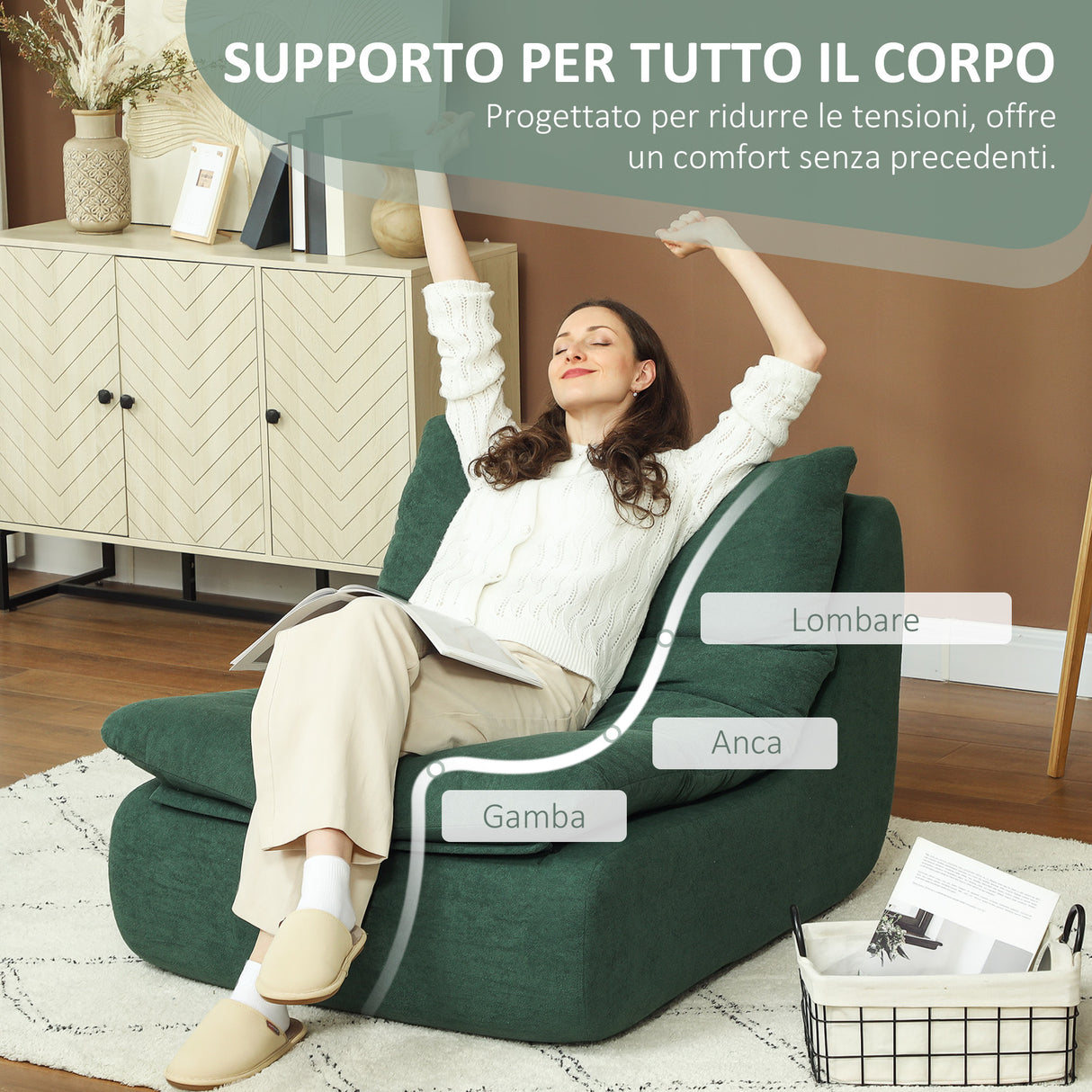 easycomfort easycomfort sedia da terra moderna e imbottita in tessuto effetto velluto verde e schiuma 82x103x75 cm