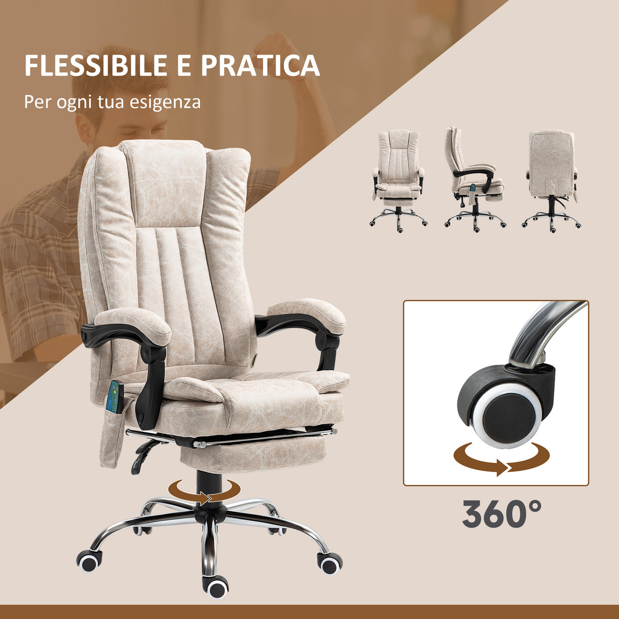 easycomfort easycomfort sedia da ufficio massaggiante e riscaldante con poggiapiedi in microfibra 62x70x113 120 cm crema